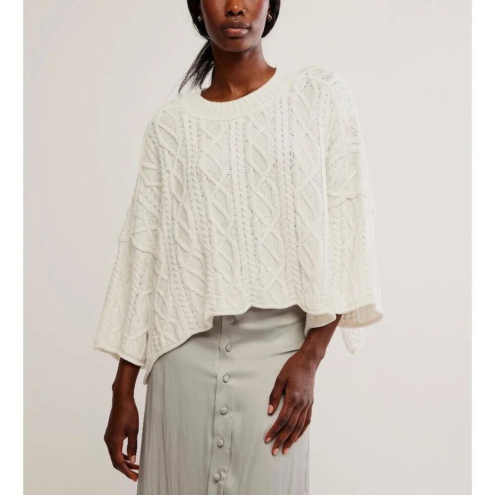 Free People White Cable Knit Crewneck Sweater